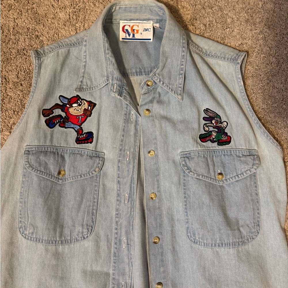 Vintage CMG Inc. Looney Tunes Denim Button Down Tank - Taz and Bugs Bunny